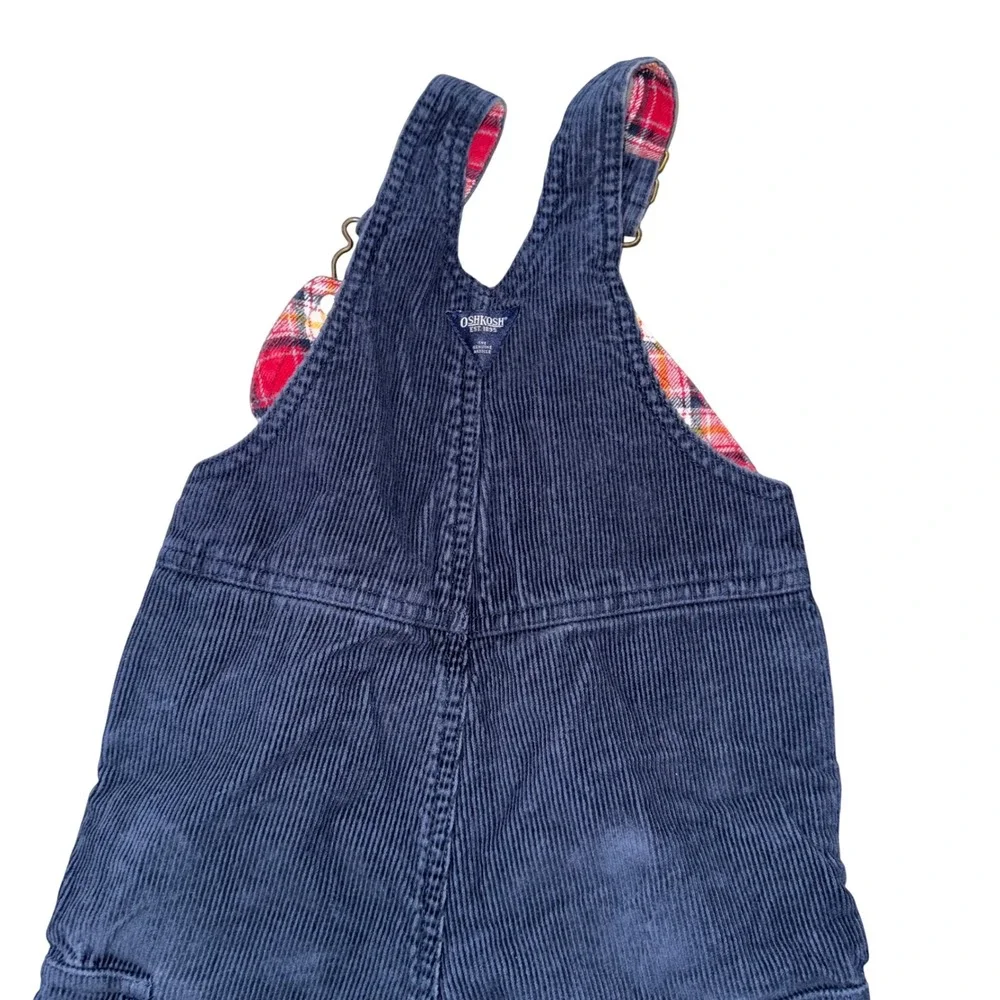 OshKosh Corduroy Overalls Kids 18M Navy Blue Excellent Plaid Lined Cargo Bibs